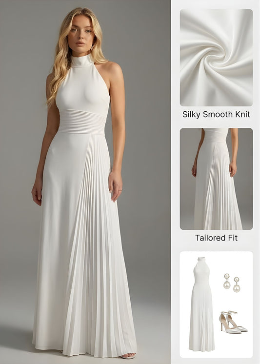 Ceylan Women’s Evening Gown Pleated Halter Neck Satin Finish