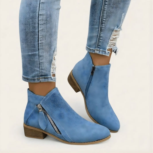 Women's Orthopaedic Suede Ankle Boots with Dual Side Zipper and Low Block Heel