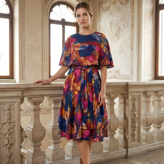 Women's Tropical Print Chiffon Midi Dress with Overlay Capelet and Tiered Skirt