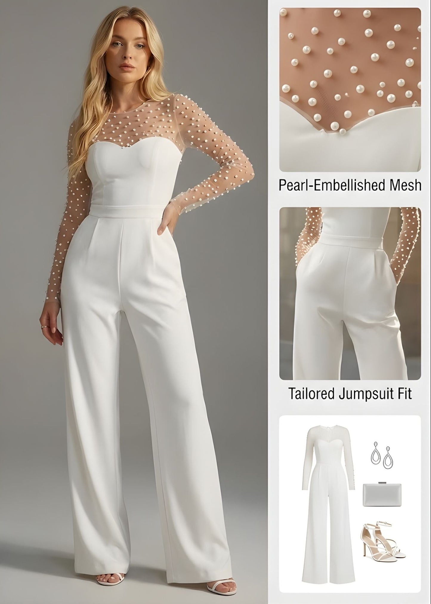 Ceylan Women’s Pearl Embellished Jumpsuit with Sheer Bodice