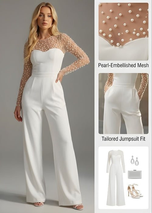 Ceylan Women’s Pearl Embellished Jumpsuit with Sheer Bodice