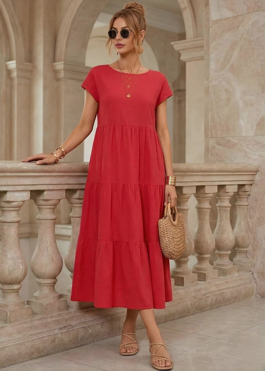 Women's Short Sleeve Cotton Linen Maxi Dress with Pockets