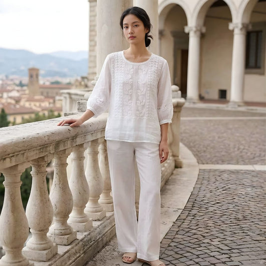 Women's Embroidered Cotton Linen Blouse Short Sleeve Round Neck Bohemian Top