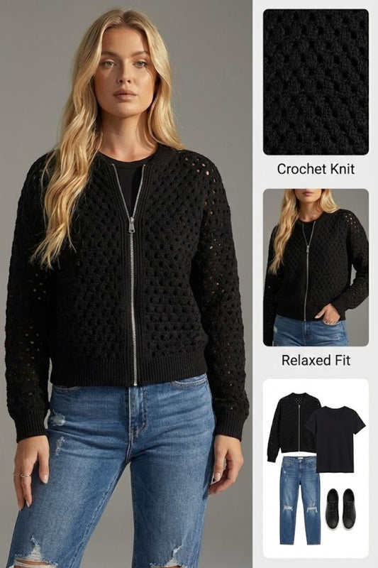 Ceylan Women’s Open-Knit Bomber Sweater with Zip-Front Closure