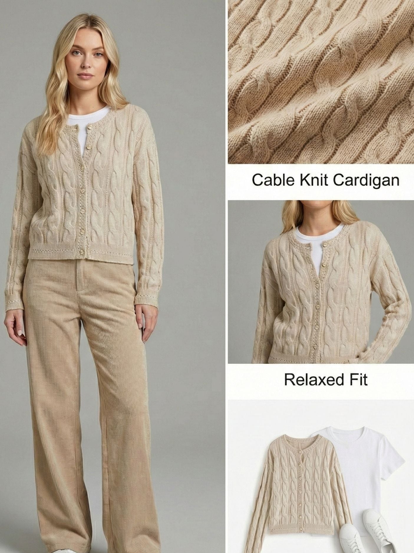 Ceylan Women's Cardigan, Cropped Cable Knit with Buttons