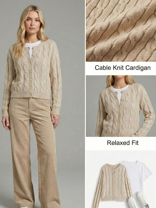 Ceylan Women's Cardigan, Cropped Cable Knit with Buttons