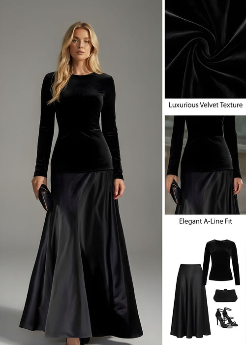 Ceylan Women’s Long Sleeve Velvet and Satin A-Line Evening Gown