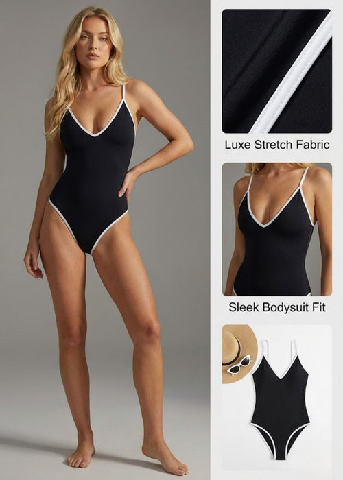 Ceylan Women’s Deep V-Neck One-Piece Swimsuit with Contrast Piping