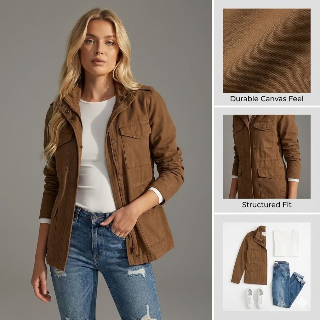 Ceylan Women's Cargo Utility Jacket Multi-Pocket Field Coat
