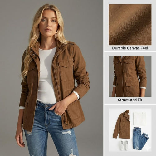 Ceylan Women's Cargo Utility Jacket Multi-Pocket Field Coat