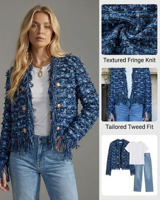 Ceylan Women’s Cropped Tweed Jacket with Elegant Fringe Trim