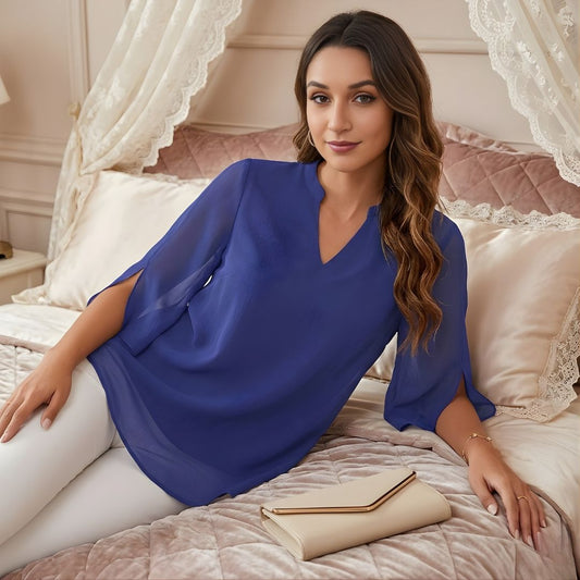 Women's V-Neck Chiffon Blouse with Long Lantern Sleeves and Relaxed Fit