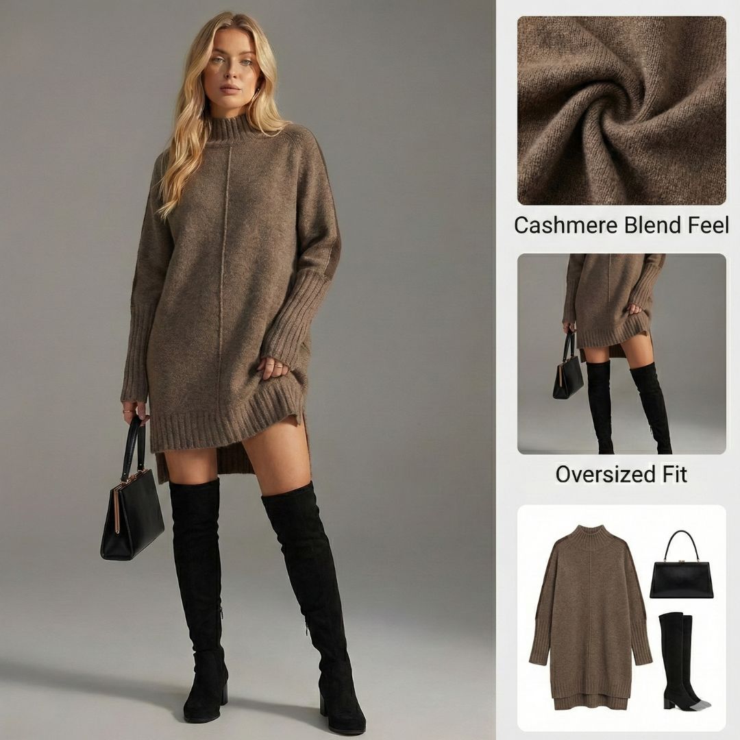 Ceylan Women's Sweater Dress, Oversized Turtleneck Tunic