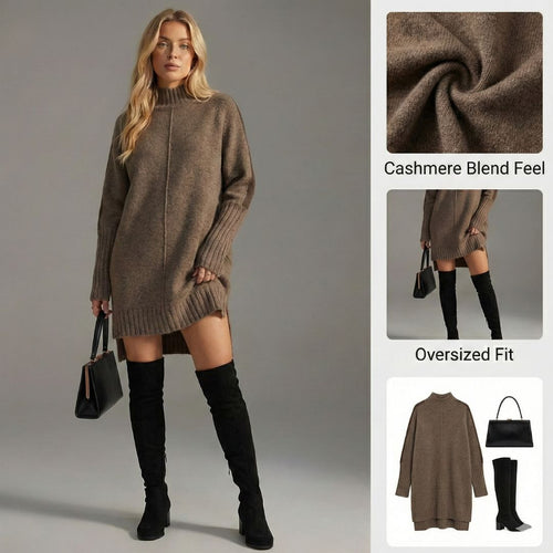 Ceylan Women's Sweater Dress, Oversized Turtleneck Tunic