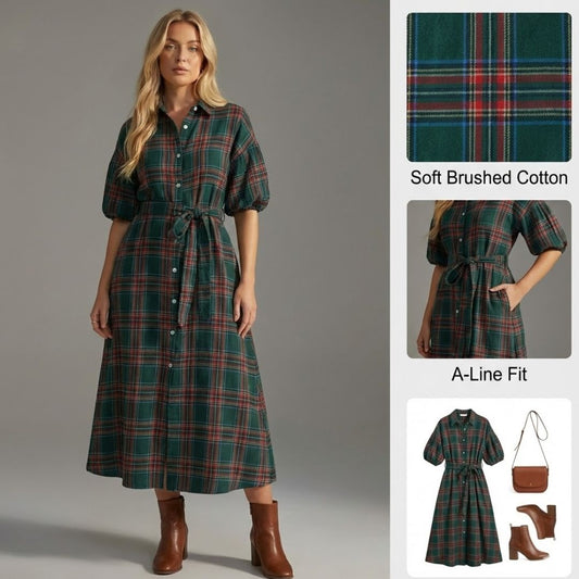 Ceylan Women’s Plaid Maxi Dress Puff Sleeve Button Down