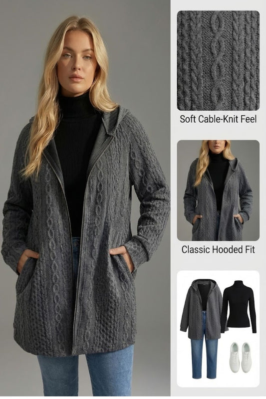 Ceylan Women’s Hooded Knit Coat Cable Textured Plus Size Cardigan