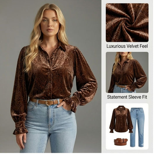 Ceylan Women’s Velvet Blouse Puff Sleeve Paisley Button Down