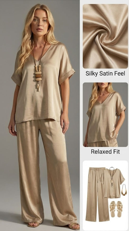 Ceylan Women’s Linen Blend Lounge Set with Wide Leg Pants
