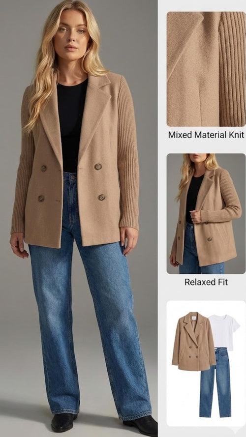 Ceylan Women's Lapel Coat Patchwork Sleeve Button Detail