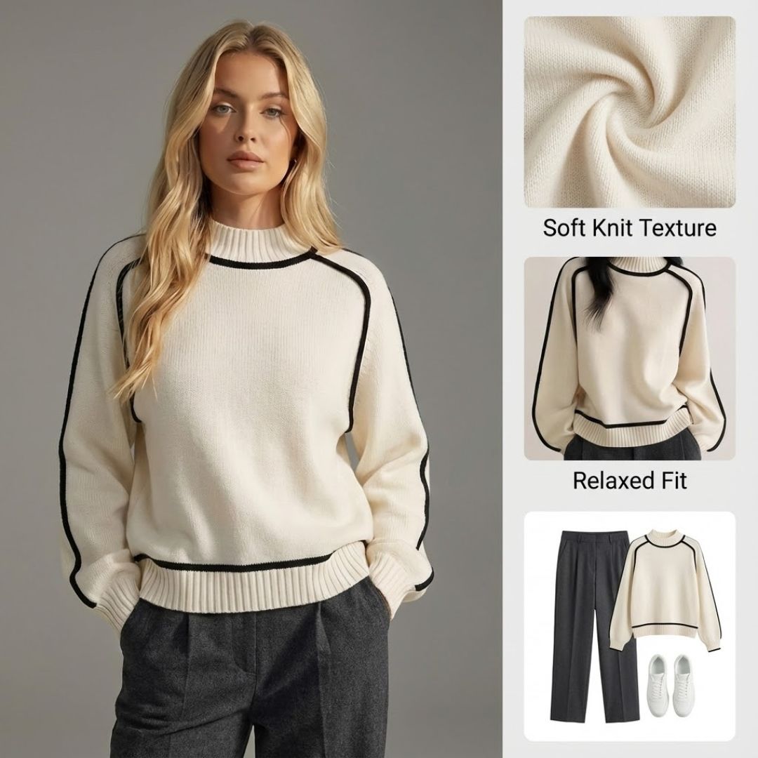 Ceylan Women's Contrast Trim Turtleneck Pullover Sweater