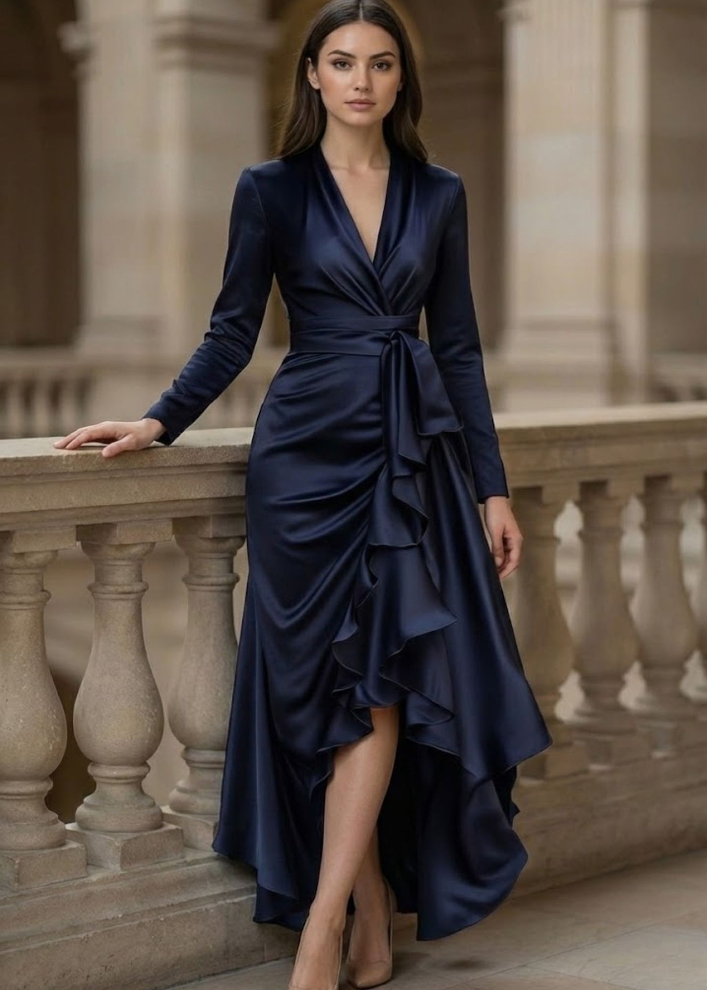 Ceylan Women's Satin Wrap Dress High Low Ruffle Detail