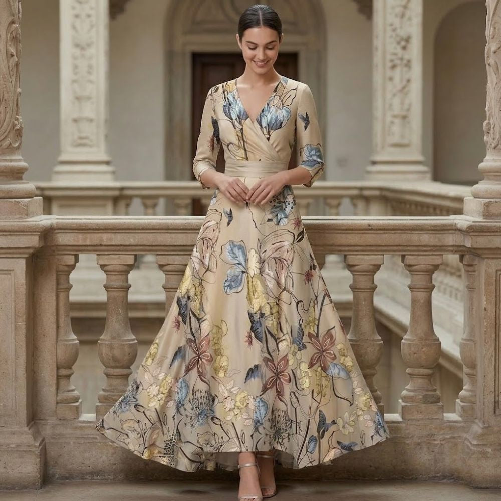 Women’s Floral Maxi Dress with V-Neck Wrap Bodice and Three-Quarter Sleeves