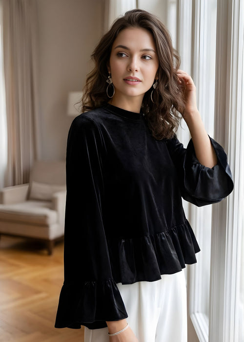 Ceylan Women’s Velvet Ruffle Blouse with Flared Flounce Sleeves