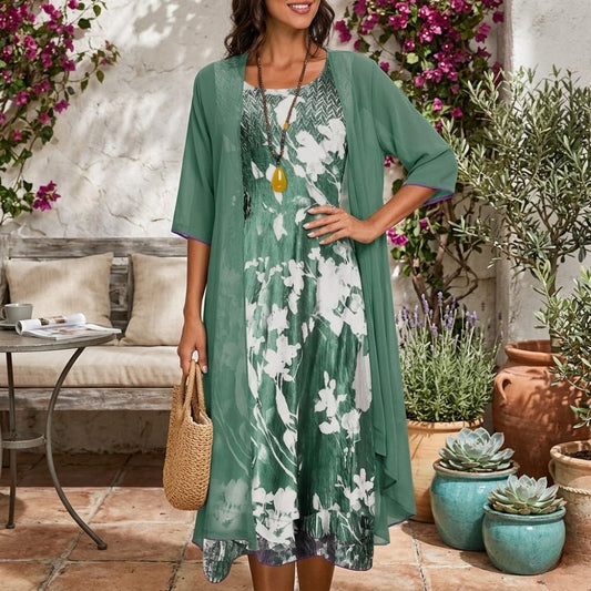 Women's 2-Piece Dress Set with Floral Print Midi and Sheer Open Front Cardigan