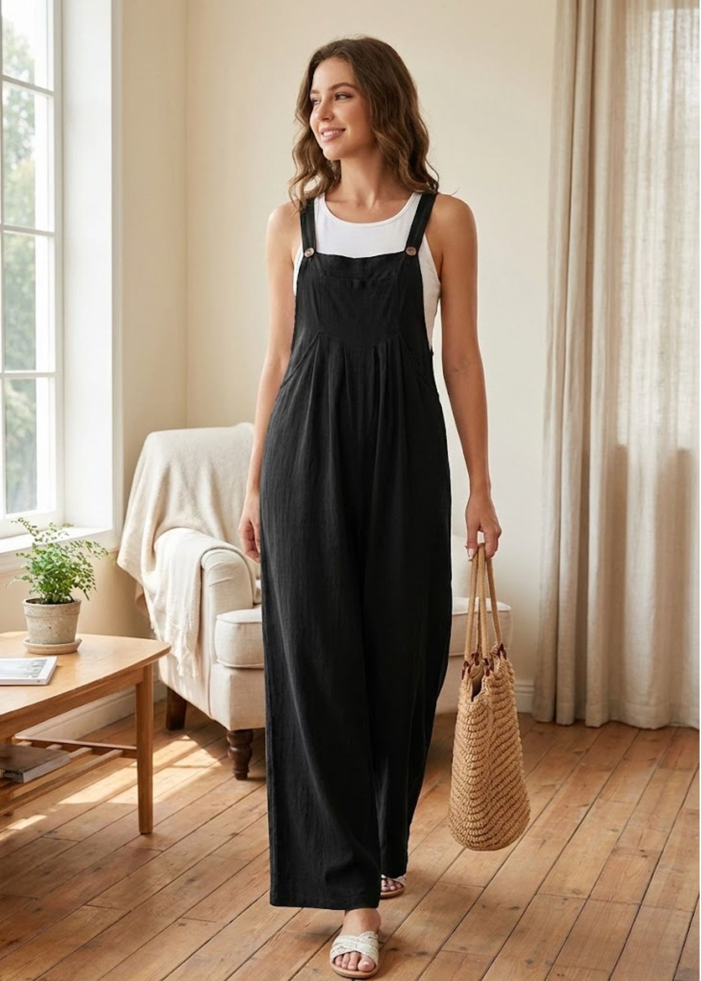 Ceylan Women’s Wide Leg Jumpsuit with Button Straps and Pockets