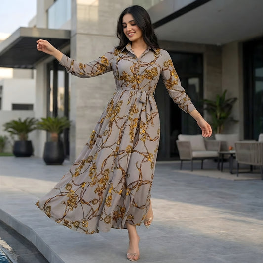 Women's Long Sleeve Maxi Shirt Dress Elegant Baroque Print