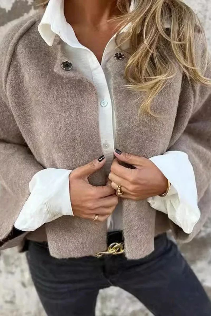 Women's Cropped Wool Blend Jacket with Brushed Texture and Boxy Silhouette