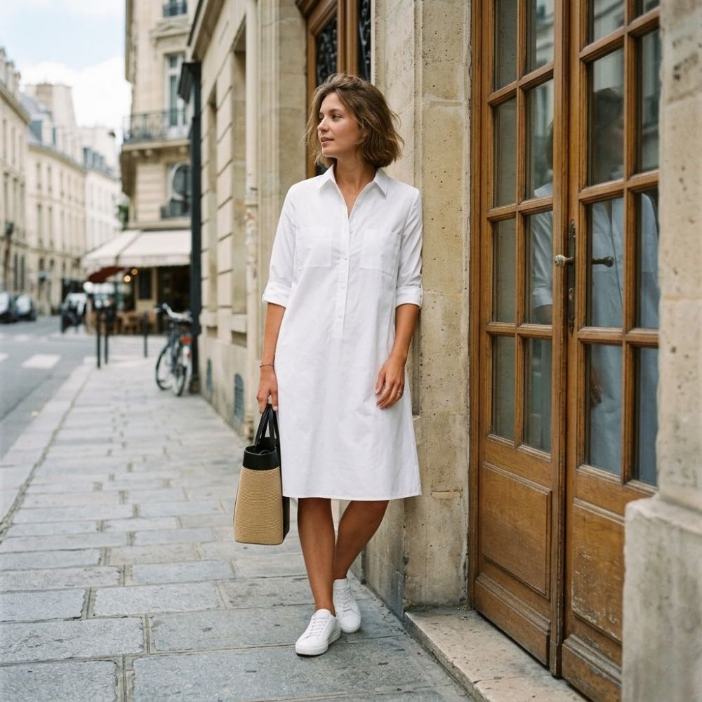 Women¡¯s Relaxed Fit A-Line Shirt Dress with Functional Pockets and Pointed Collar