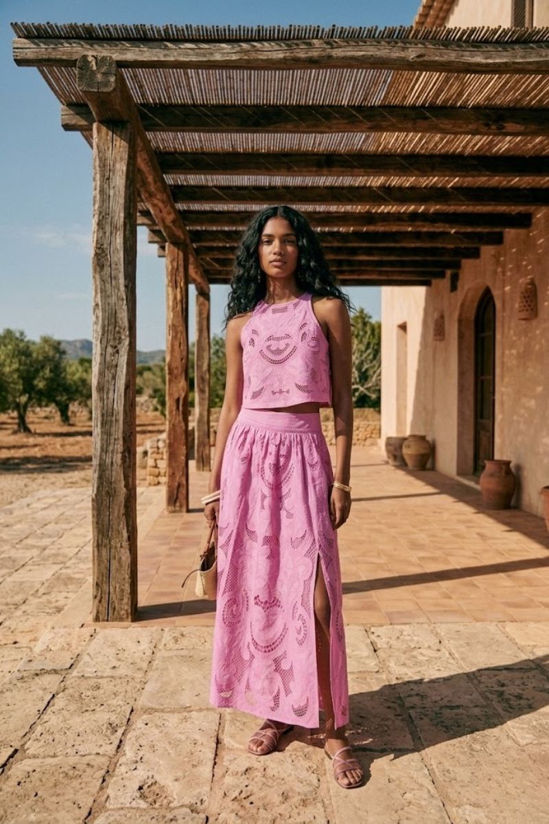 Women's Two-Piece Maxi Skirt Set with Embroidered Eyelet Crop Top