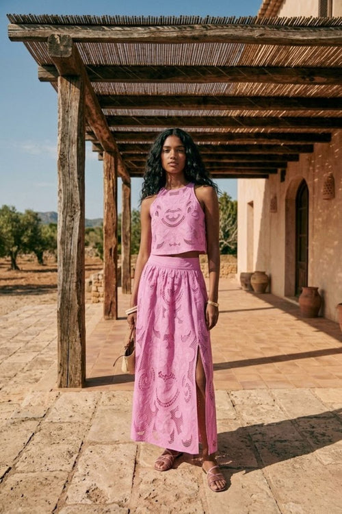 Women's Two-Piece Maxi Skirt Set with Embroidered Eyelet Crop Top