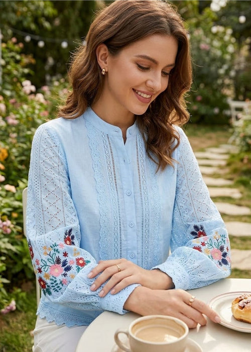 Women¡¯s Embroidered Lace Patchwork Blouse with Floral Puff Sleeves