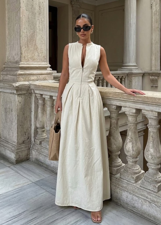 Women’s Sleeveless Maxi Dress Zip Front V-Neck Fit and Flare Pleated Skirt