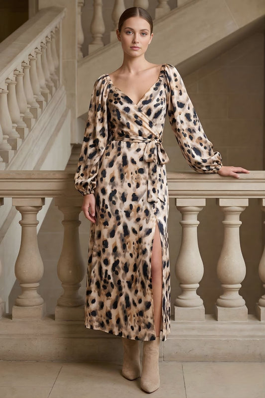 Women’s Leopard Print Wrap Maxi Dress with Lantern Sleeves and Waist Tie