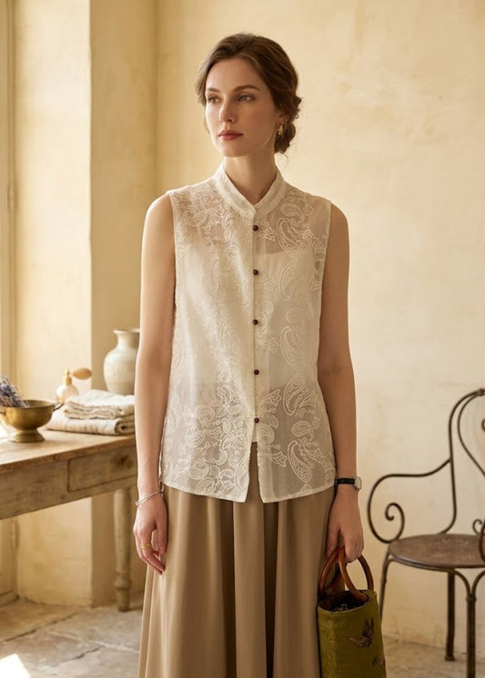 Women’s Sleeveless Embroidered Tulle Blouse with Stand Collar