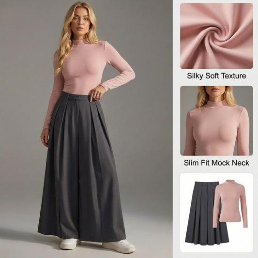 Ceylan Women’s Ribbed Mock Neck Knit Top Contrast Trim