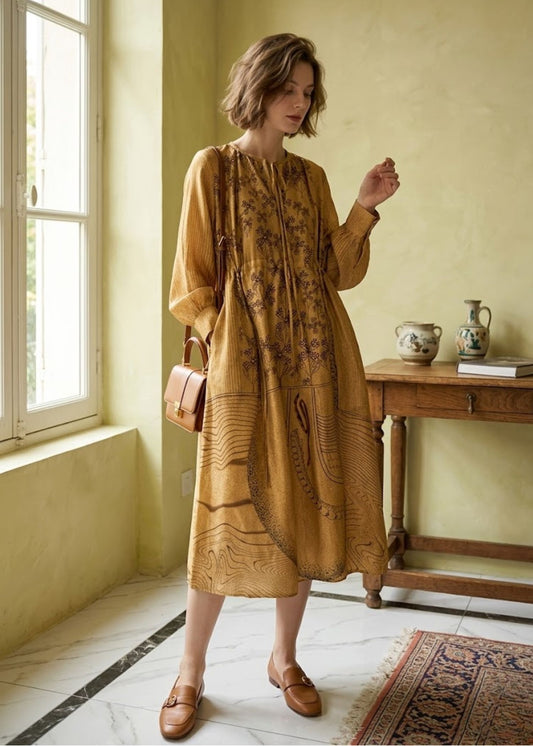 Women's Silk A-Line Midi Dress with Lantern Sleeves and Artistic Floral Print