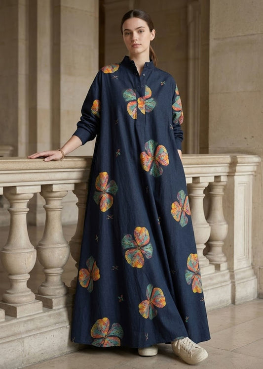 Women’s Bohemian Shirt Maxi Dress with Oversized Floral Print and Pockets