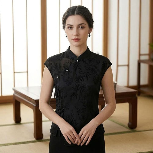 Women’s Cheongsam Blouse Mandarin Collar Sleeveless Jacquard Qipao Top