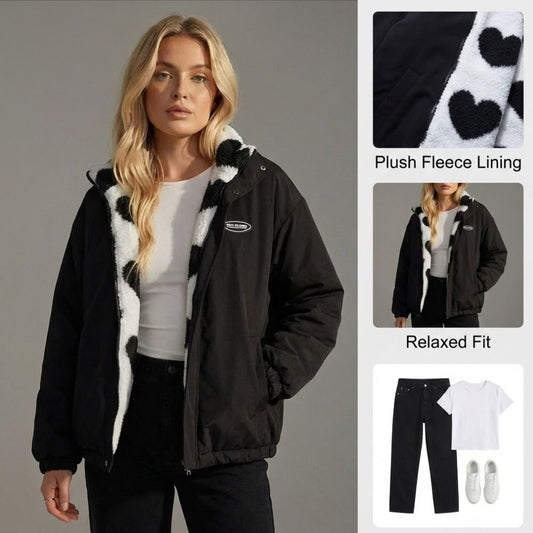 Ceylan Women’s Reversible Heart Fleece Jacket Oversized