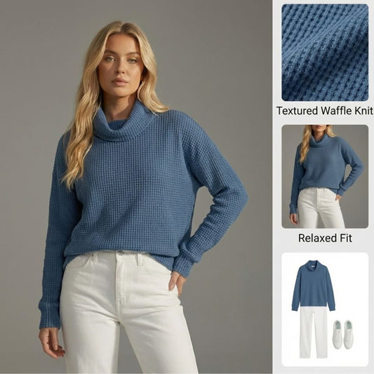 Ceylan Women’s Waffle Knit Top Draped Cowl Neck Sweater