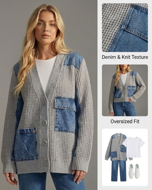 Ceylan Women’s Knitted Cardigan with Denim Patchwork Detail