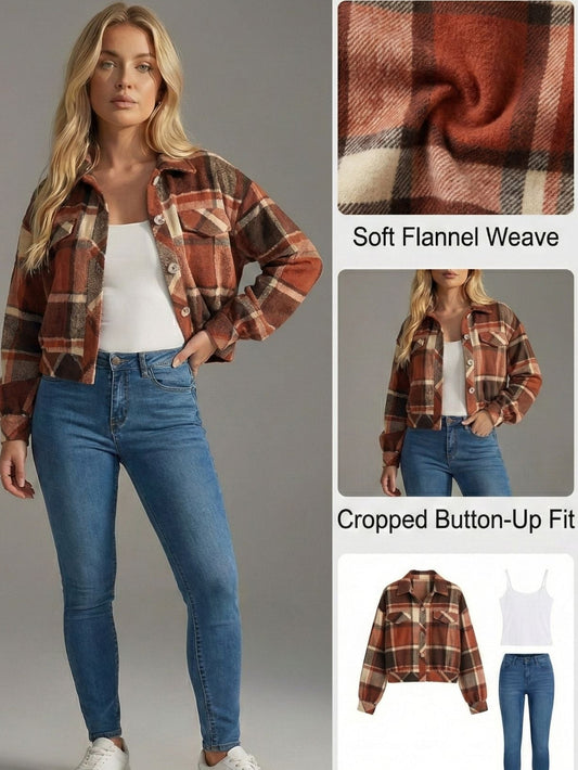 Ceylan Women's Shacket Cropped Plaid Flannel Shirt Jacket
