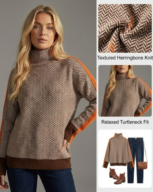 Ceylan Women’s Herringbone Turtleneck Sweater Contrast Stripe