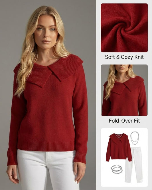 Ceylan Women’s Knit Sweater Wide Folded Collar Relaxed Fit