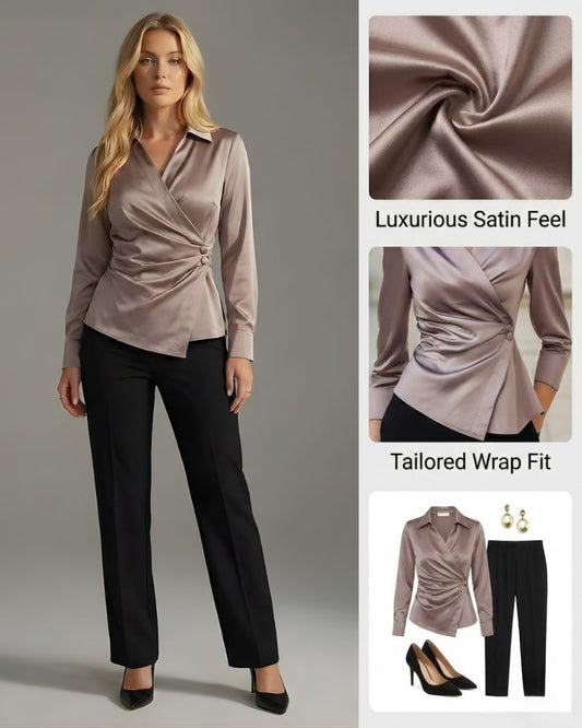 Ceylan Women’s Asymmetric Satin Wrap Blouse with Side Button