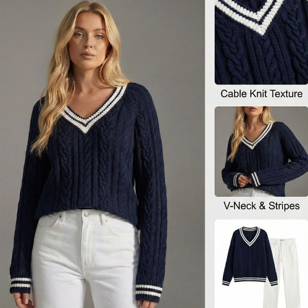 Ceylan Women's Sweater Oversized Cable Knit V-Neck Jumper